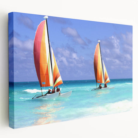 Large canvas print depicting a serene Barbados beach scene in soft blue and sandy tones, suitable for kitchen wall art.