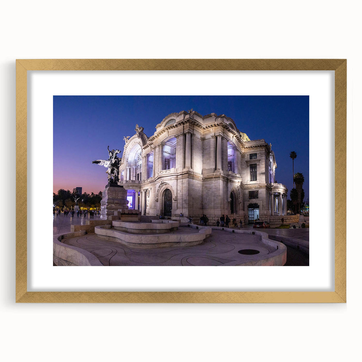 Extra large abstract art print of Mexico City, featuring textured strokes in gold and earth tones on a framed canvas.