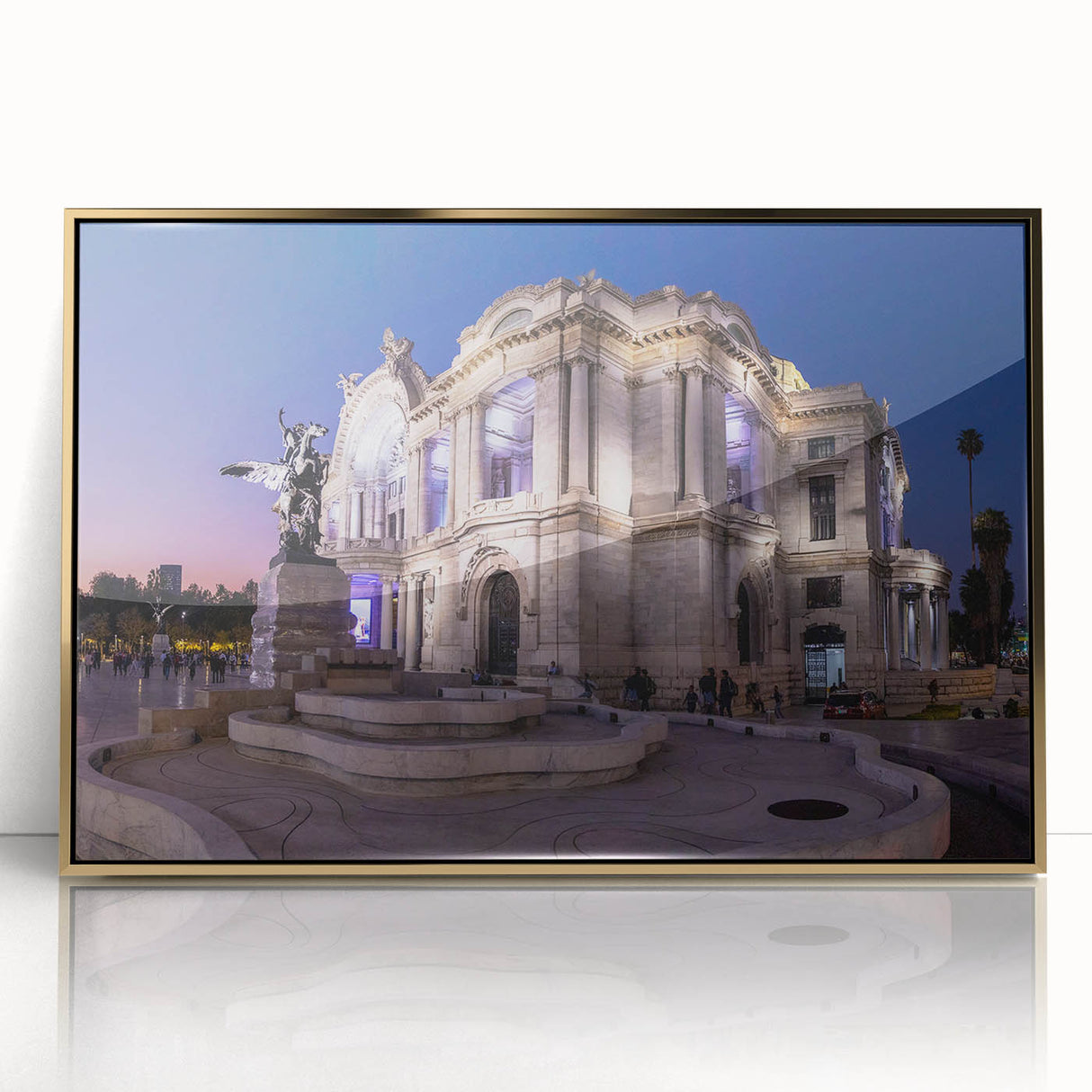 Acrylic print of Mexico City scenery in gold frame, featuring mid-century modernist style, ideal for modern art wall decor.