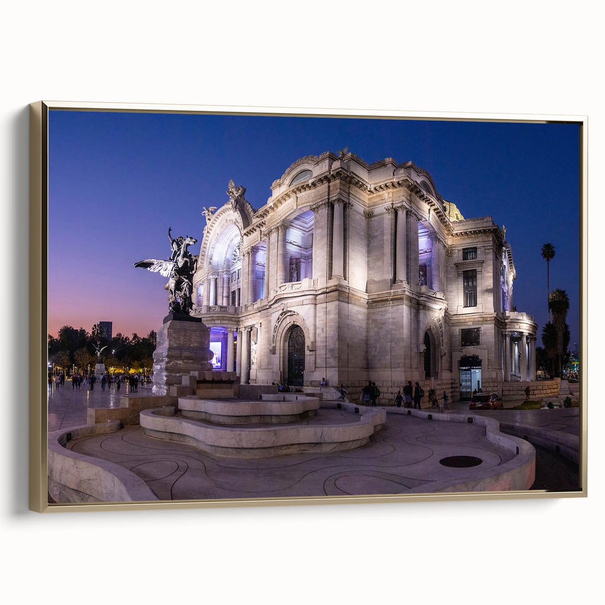 Framed canvas of a vintage-style Mexico City landscape in black and gold tones, ideal for bedroom wall art.