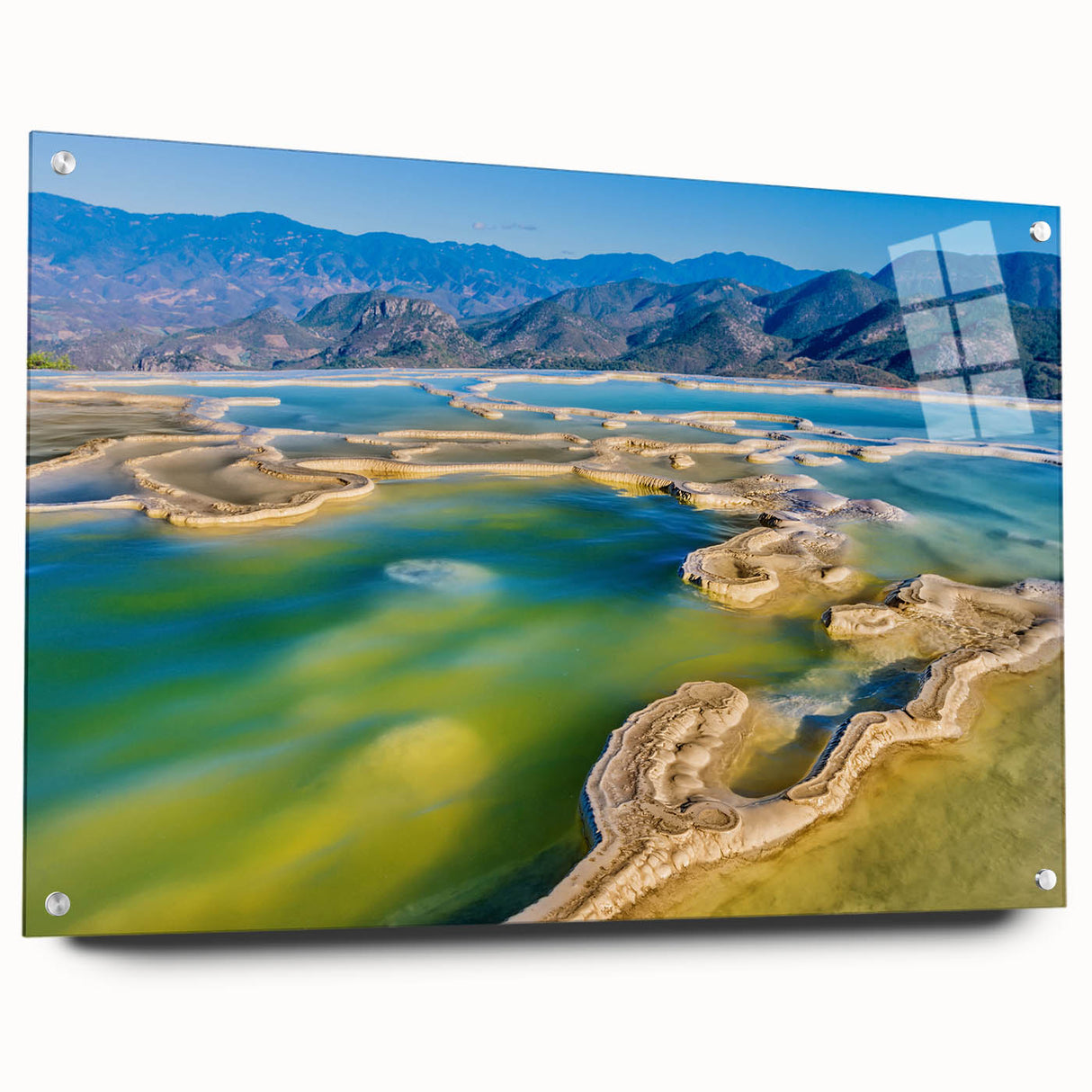 Large abstract wall art of Oaxaca, Mexico scenery in vibrant colors on acrylic glass.