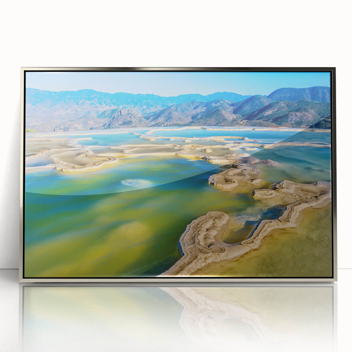 Mid-century modernist art depicting the Oaxaca scenery in muted earth tones, framed acrylic print.