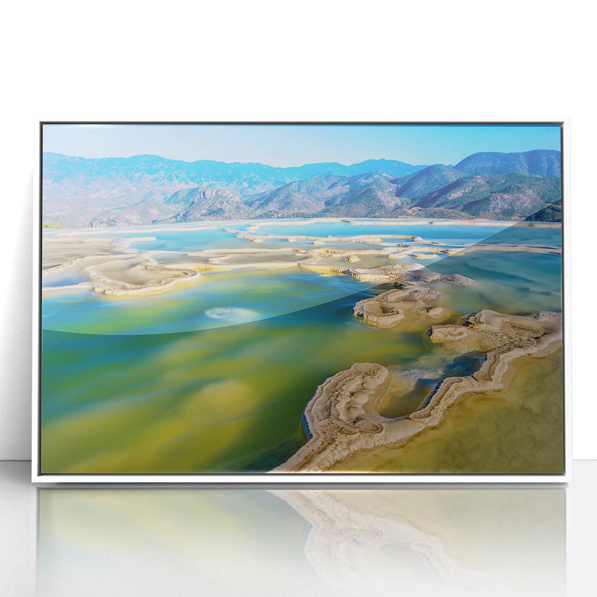 Art deco poster of Oaxaca, Mexico scenery in muted earth tones, acrylic print framed in white.