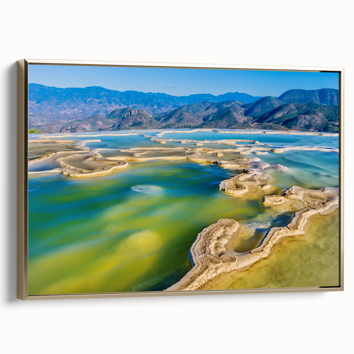 Framed canvas of a vintage-style Oaxaca landscape painting in muted earth tones, ideal for bedroom wall art.