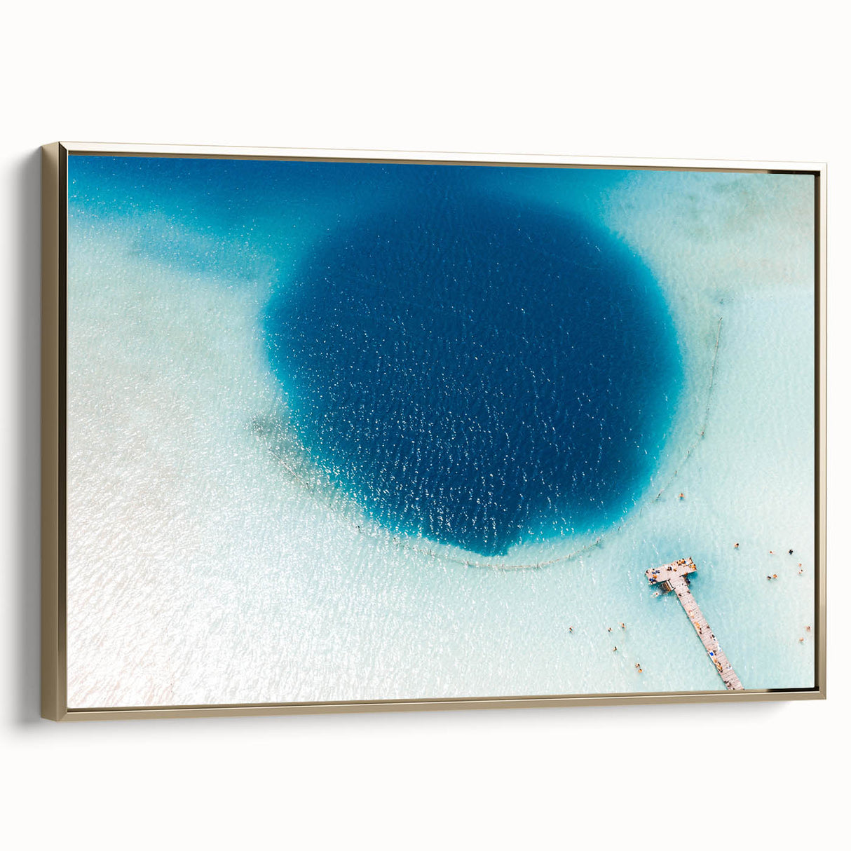 Framed canvas featuring a vintage-style landscape painting of Quintana Roo, Mexico, in muted gold and black tones.