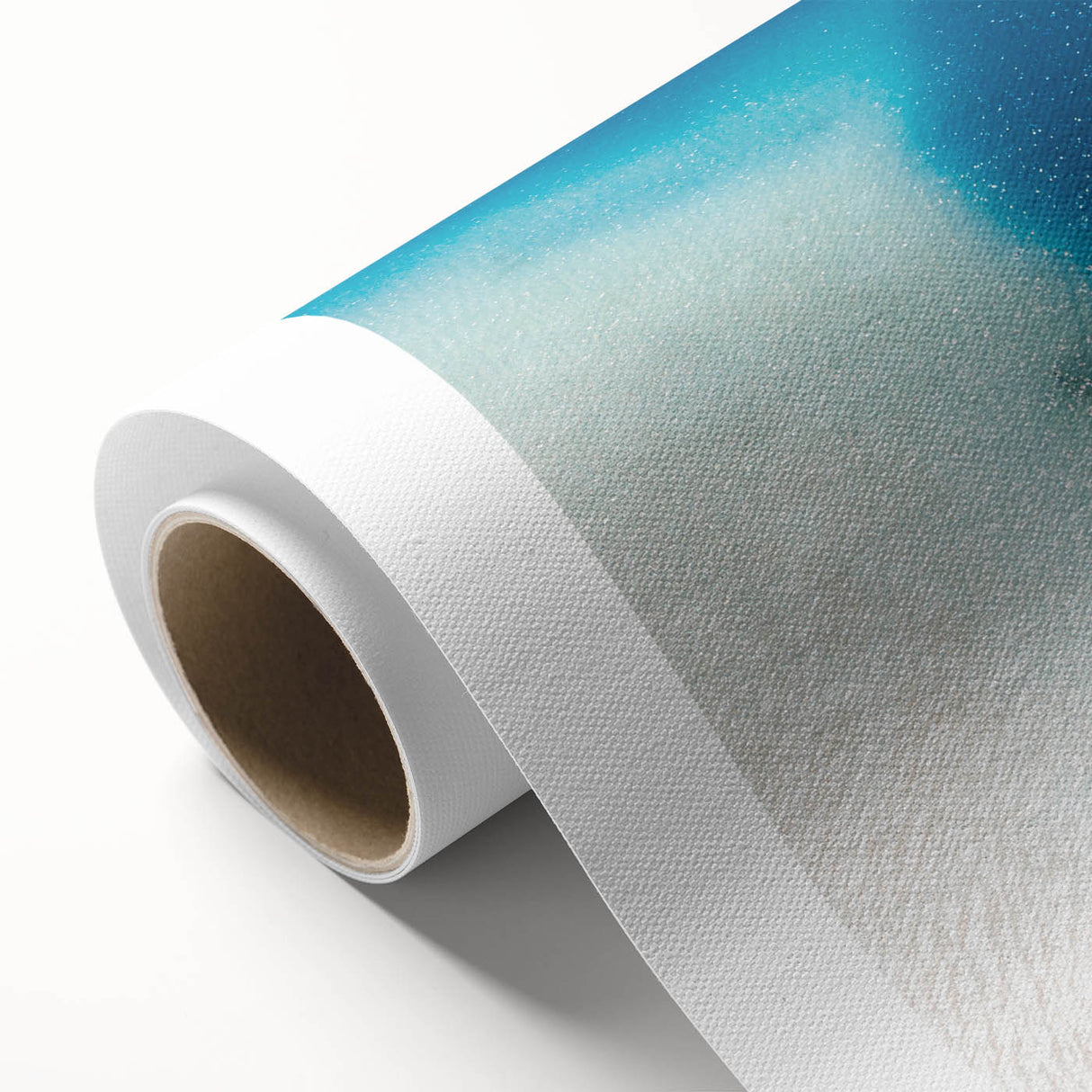 Art deco poster of Quintana Roo scenery on rolled canvas, featuring muted blue and green tones, ideal for nursery wall art.