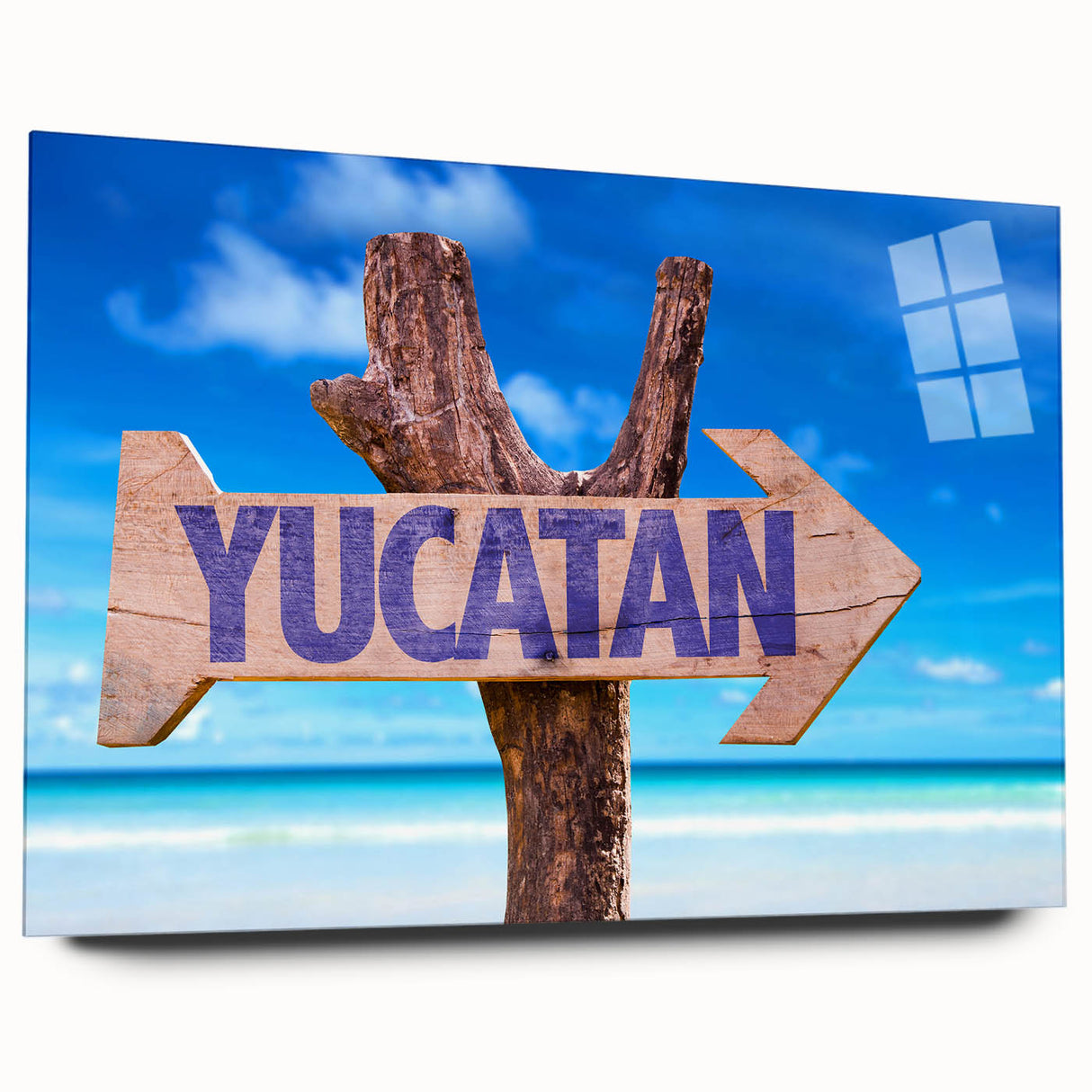 Acrylic glass print of a large abstract depiction of Yucatán scenery in blue and green tones.