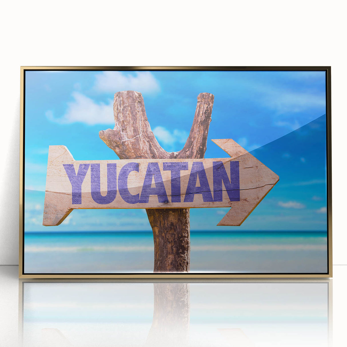 Framed acrylic print of Yucatan scenery in gold and green tones, ideal for modern art wall decor.
