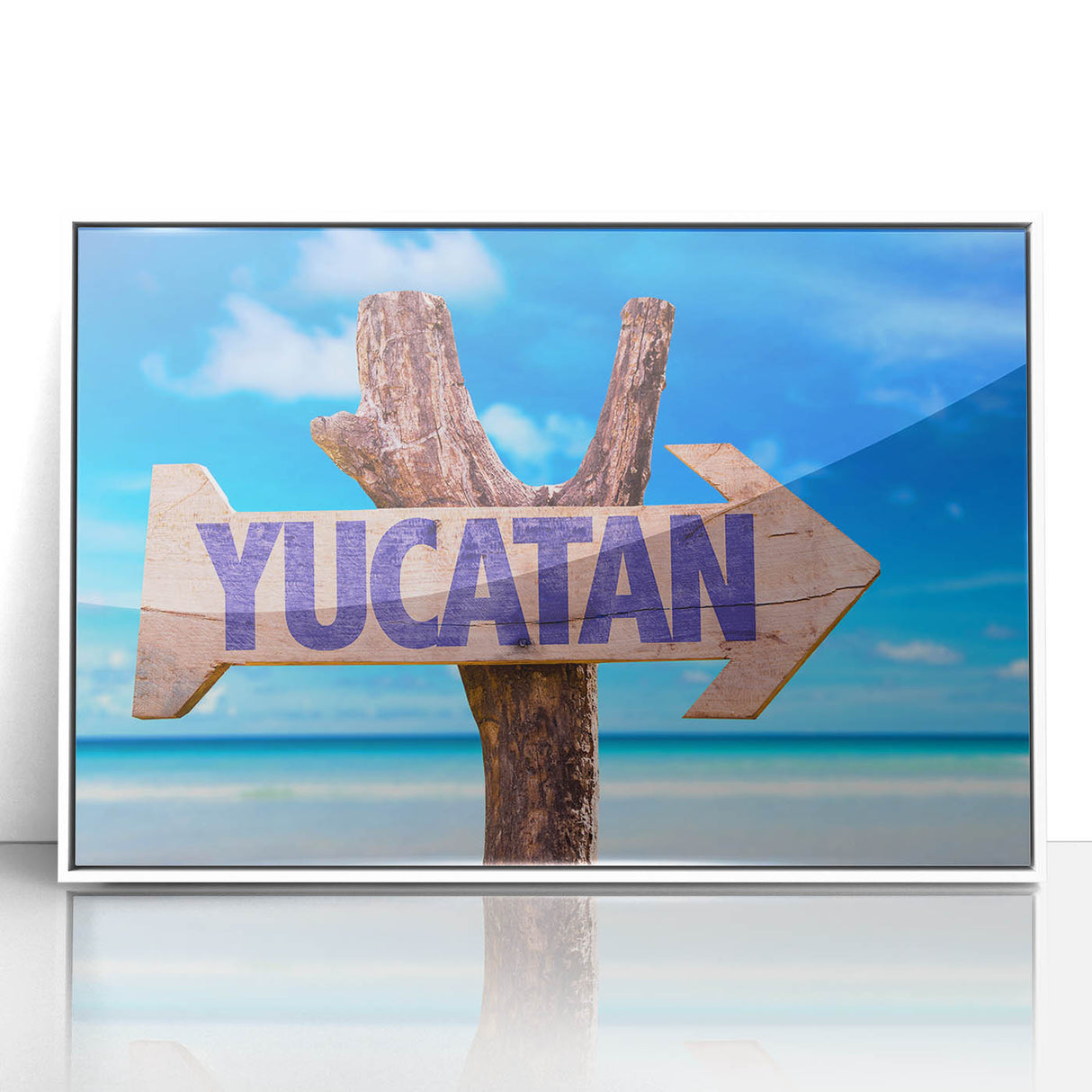 Art deco poster depicting a serene Yucatan scenery in soft pastel shades, framed in white acrylic.
