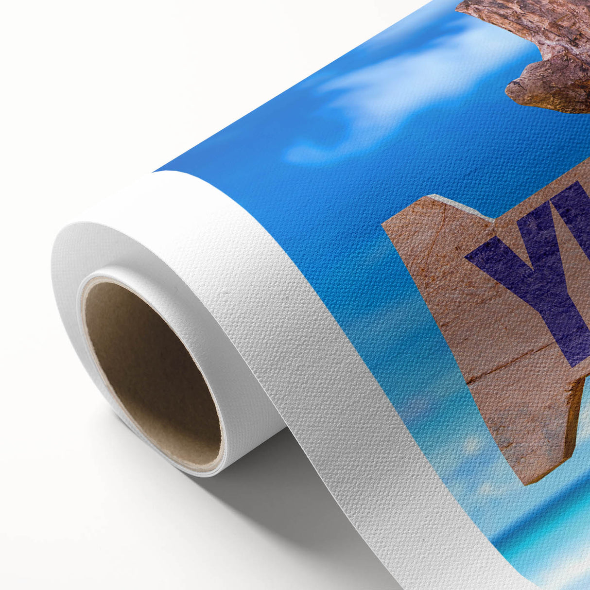 Art deco poster of Yucatan scenery, featuring muted green and blue tones on rolled canvas, ideal for nursery wall art.