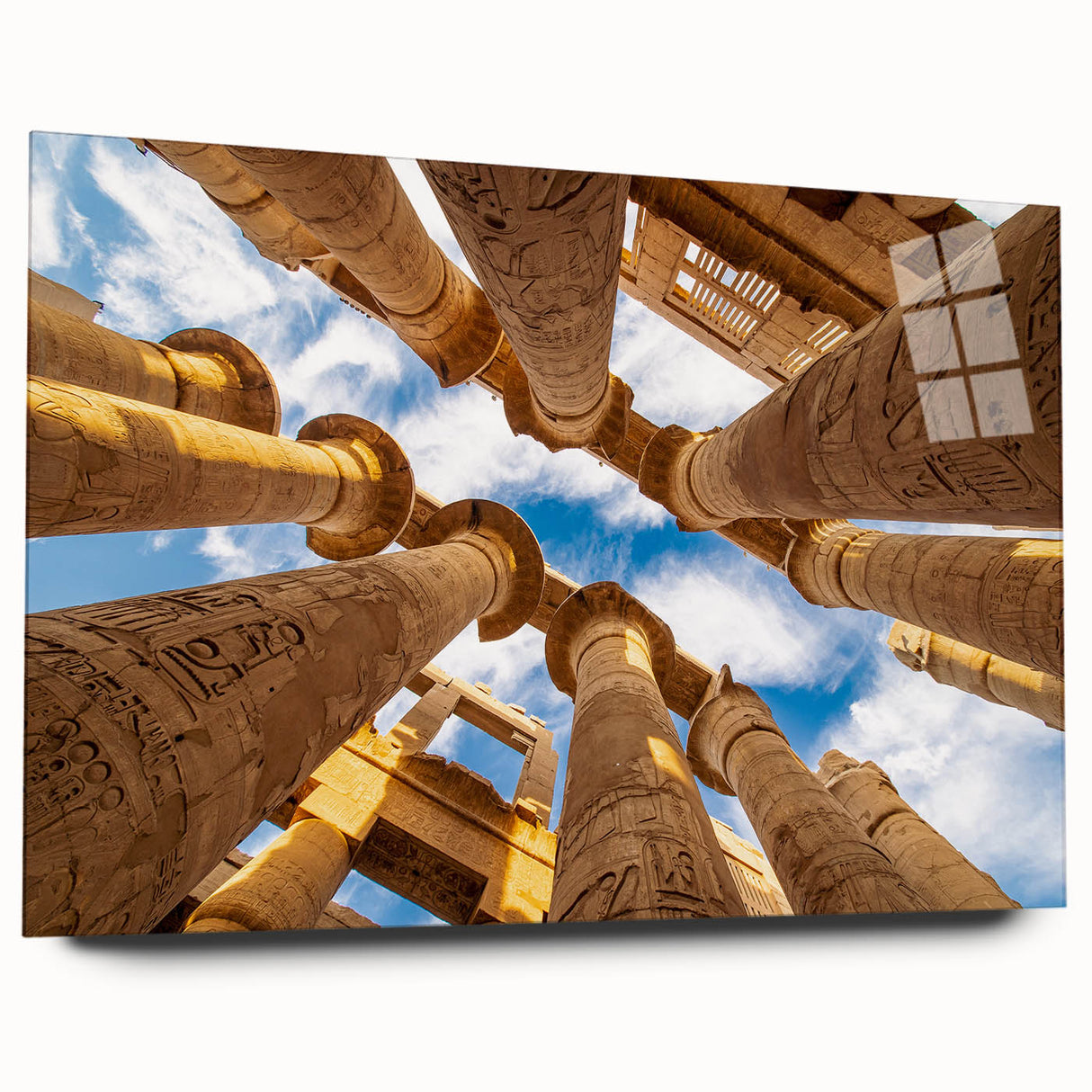 Large abstract wall art of an Egyptian scenery in muted earth tones on acrylic glass.