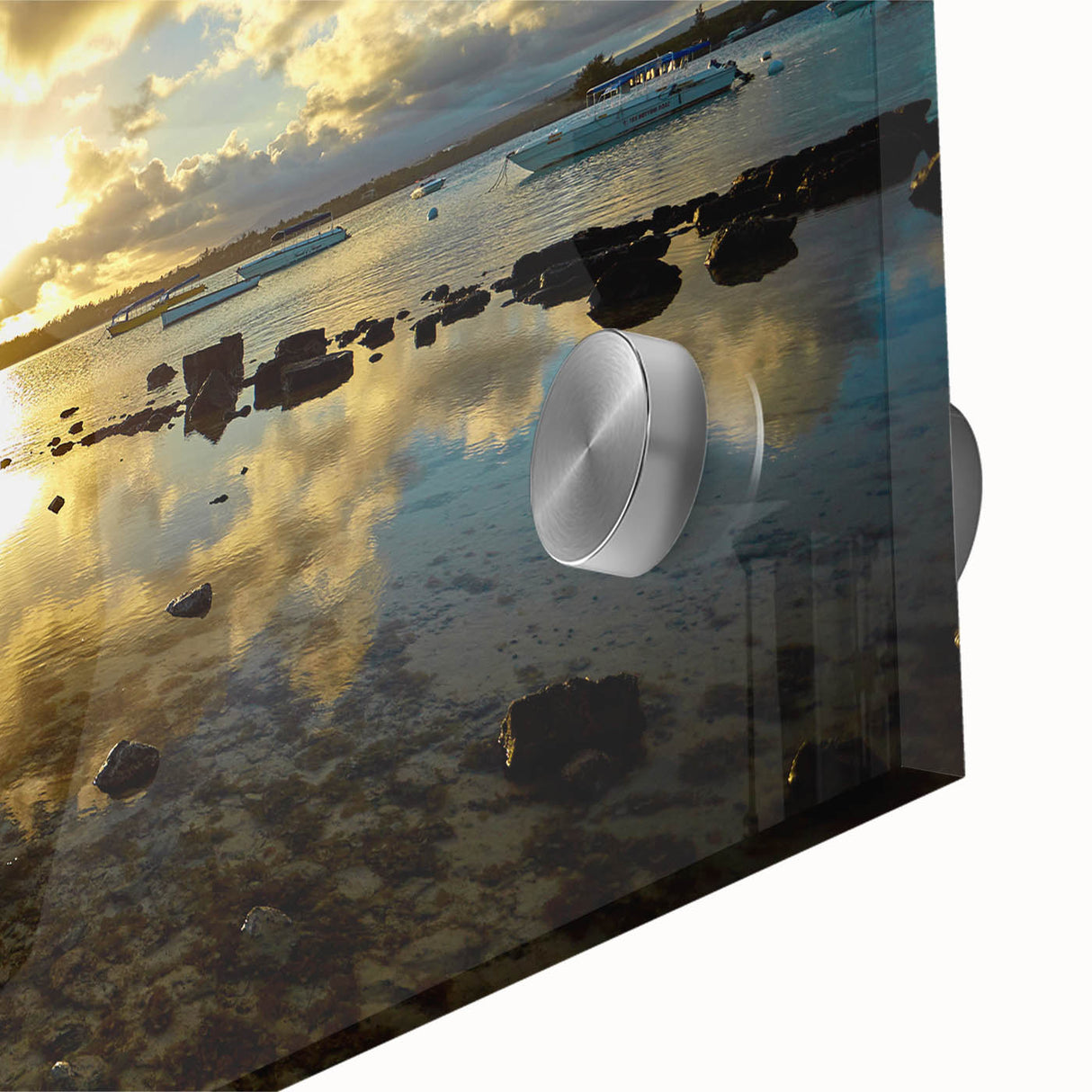 Large abstract wall art depicting a Mauritian landscape in muted earth tones on acrylic glass.