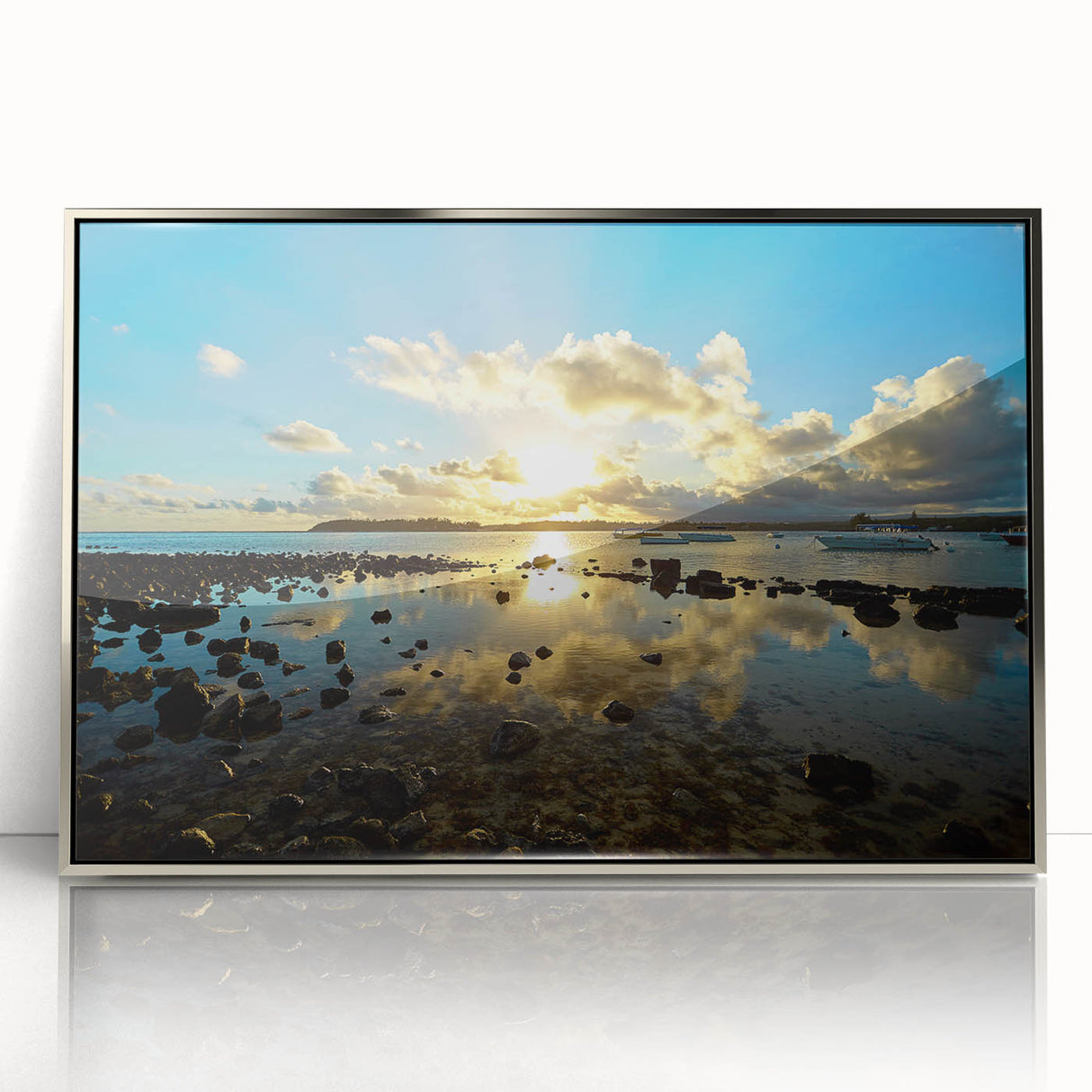 Acrylic print of a serene Mauritius landscape in muted blue and green tones, framed in silver.