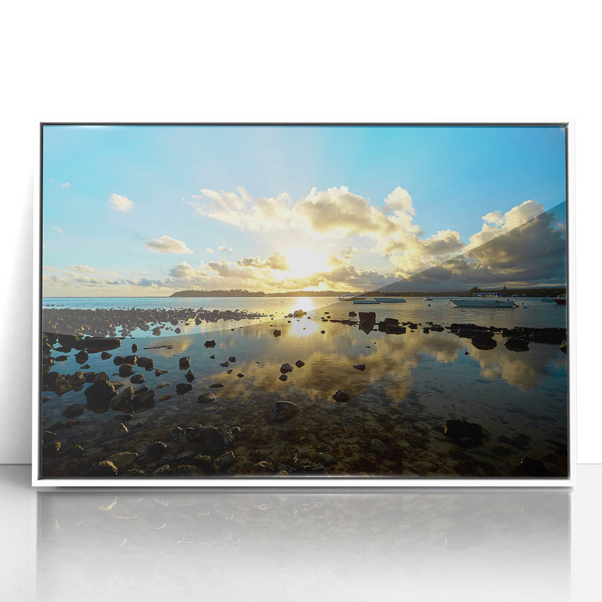 Framed acrylic print of a Mauritius landscape in mid-century modernist style, featuring muted earth tones.