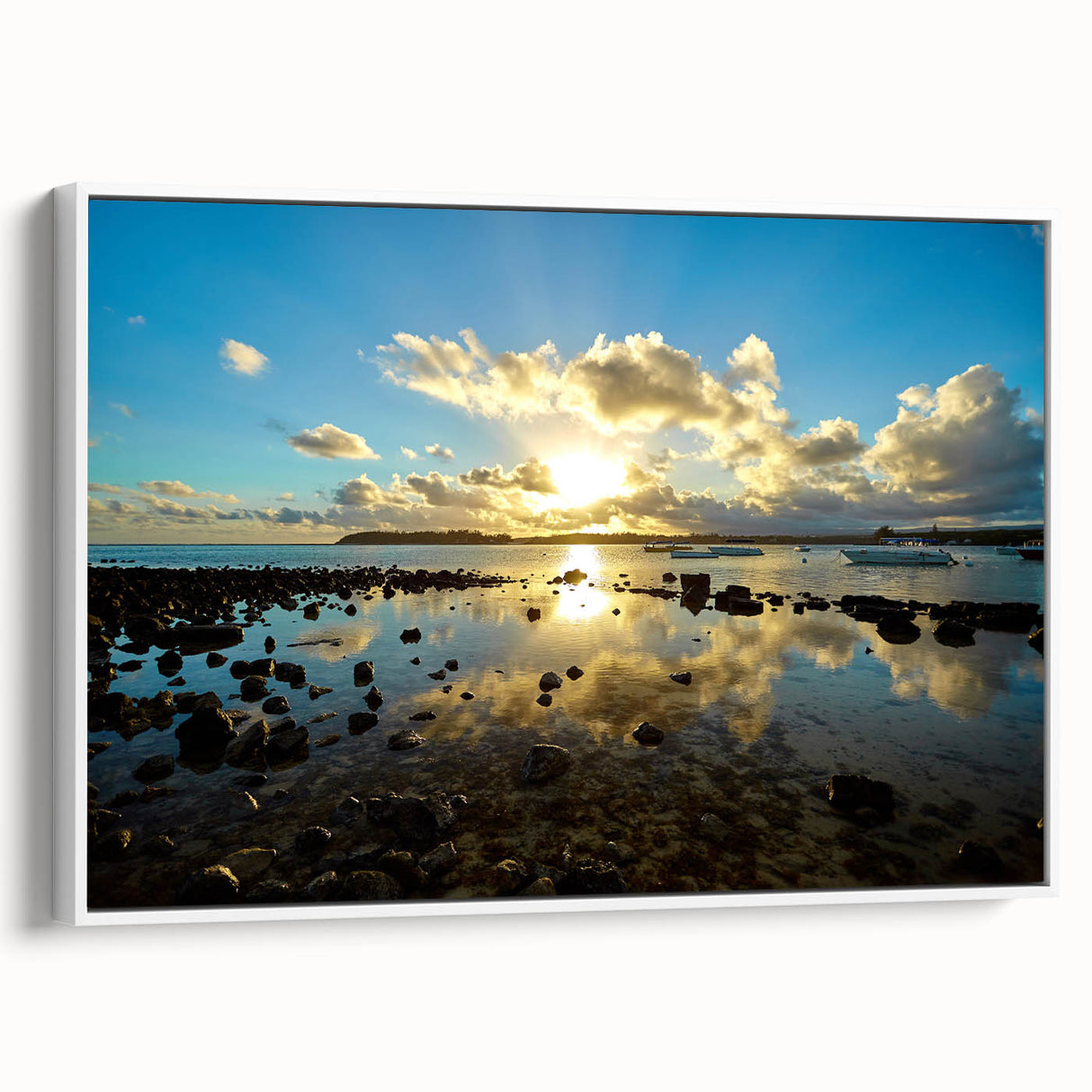 Framed canvas wall art depicting a serene Mauritius landscape in muted earth tones, ideal for bedroom decor.