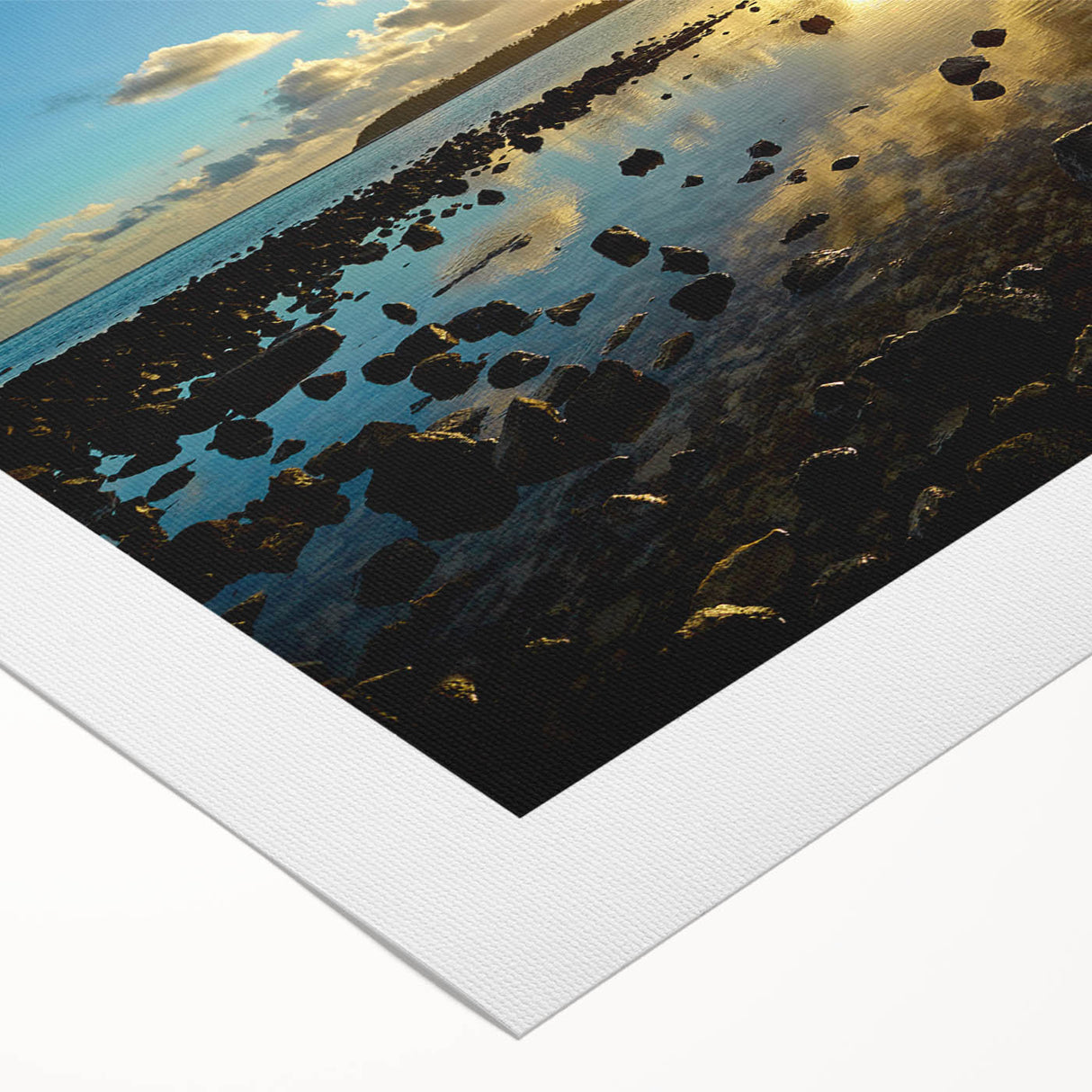 Art deco poster of a serene Mauritius landscape in muted green and blue tones on rolled canvas.