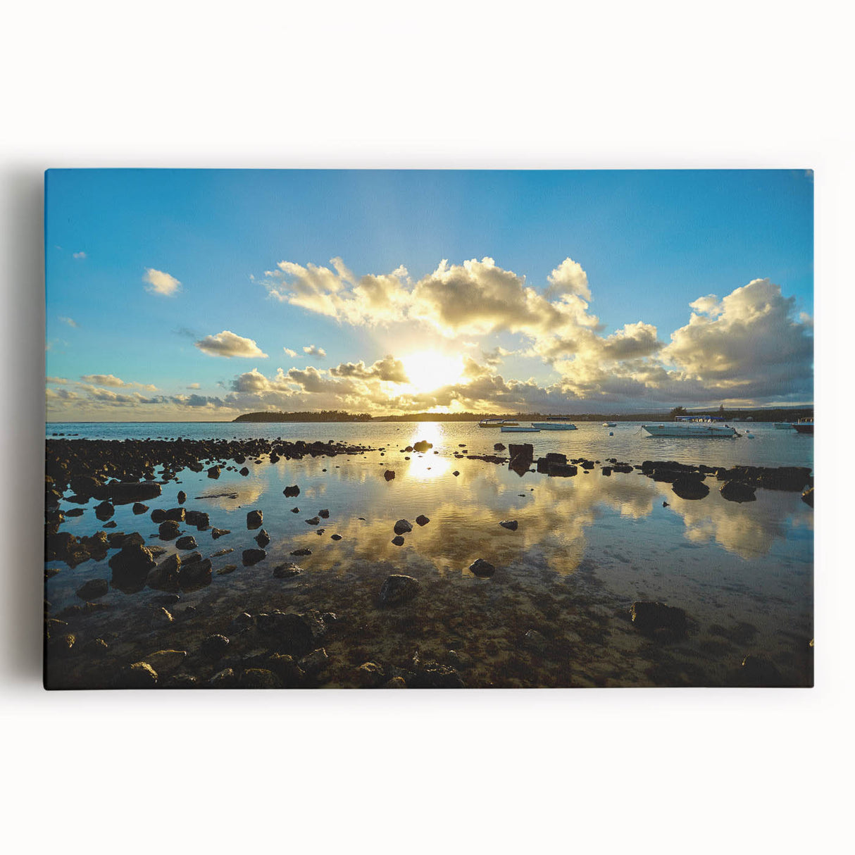 Large black and white stretched canvas featuring a serene Mauritius landscape, ideal for kitchen wall art.