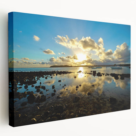 Large stretched canvas featuring a vibrant African landscape in green and blue tones, ideal for kitchen wall art.