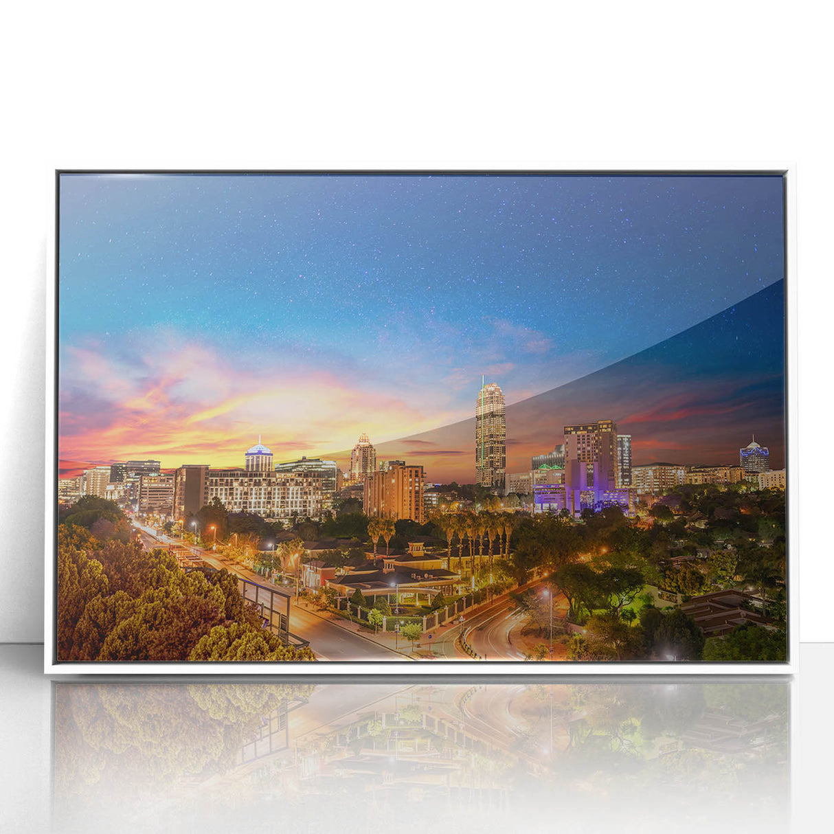 Acrylic print of a South African landscape in art deco style, with muted earth tones, framed in white.