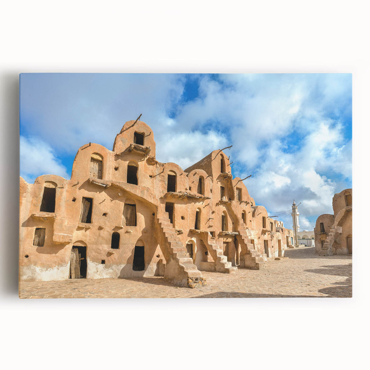A black and white photo of Tunisian scenery on a large stretched canvas, suitable for kitchen wall art.