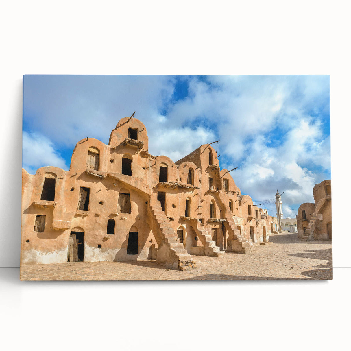 Black and white stretched canvas of Tunisian scenery, ideal for kitchen wall art or bedroom ambiance.