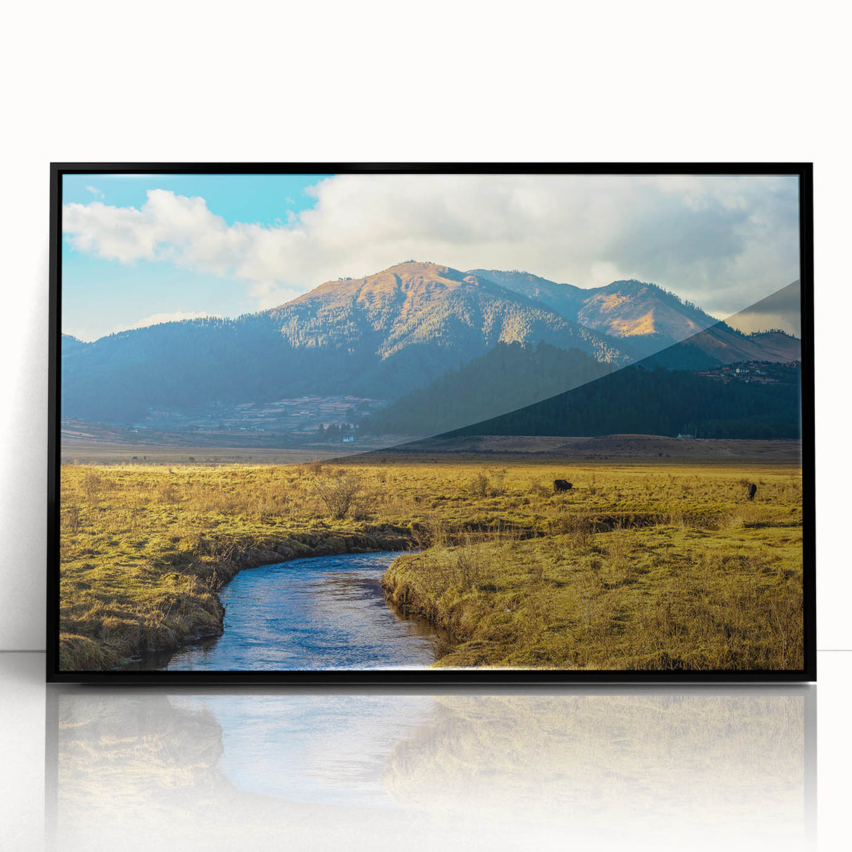 Large abstract wall art of Bhutan scenery in muted earth tones on a framed acrylic, suitable for modern home decor.