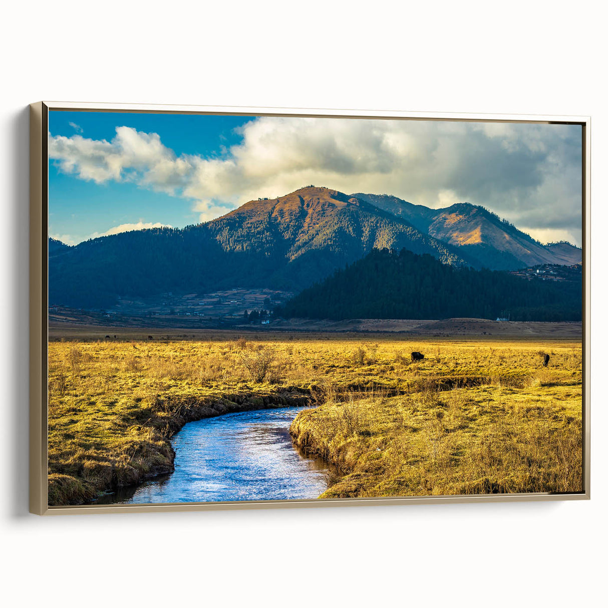 Framed canvas featuring a vintage landscape painting of Bhutan in black and gold tones, ideal for bedroom decor.