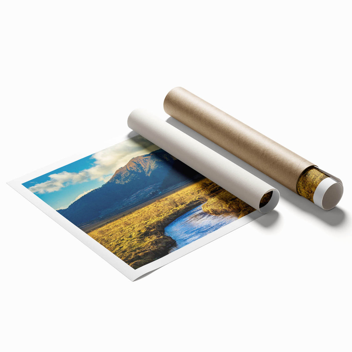 Large rolled print of a Bhutanese landscape with floral elements in soft colors, ideal for classy bathroom wall art.