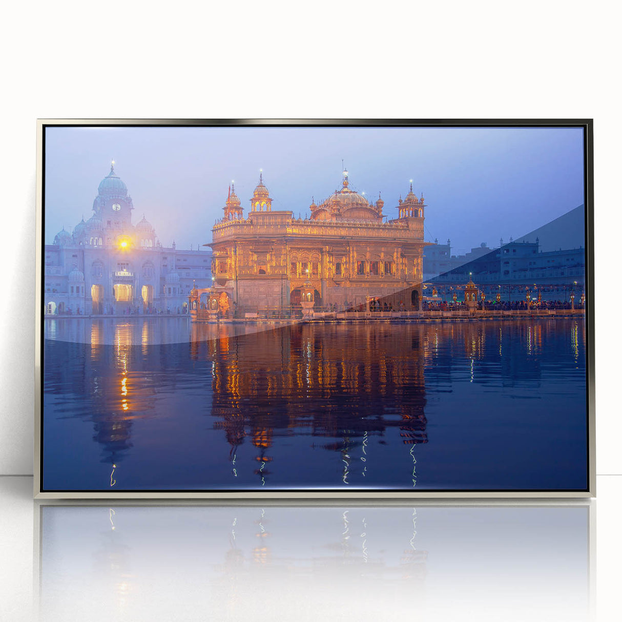 Mid-century modernist art depicting the Taj Mahal in muted silver tones on a framed acrylic print.