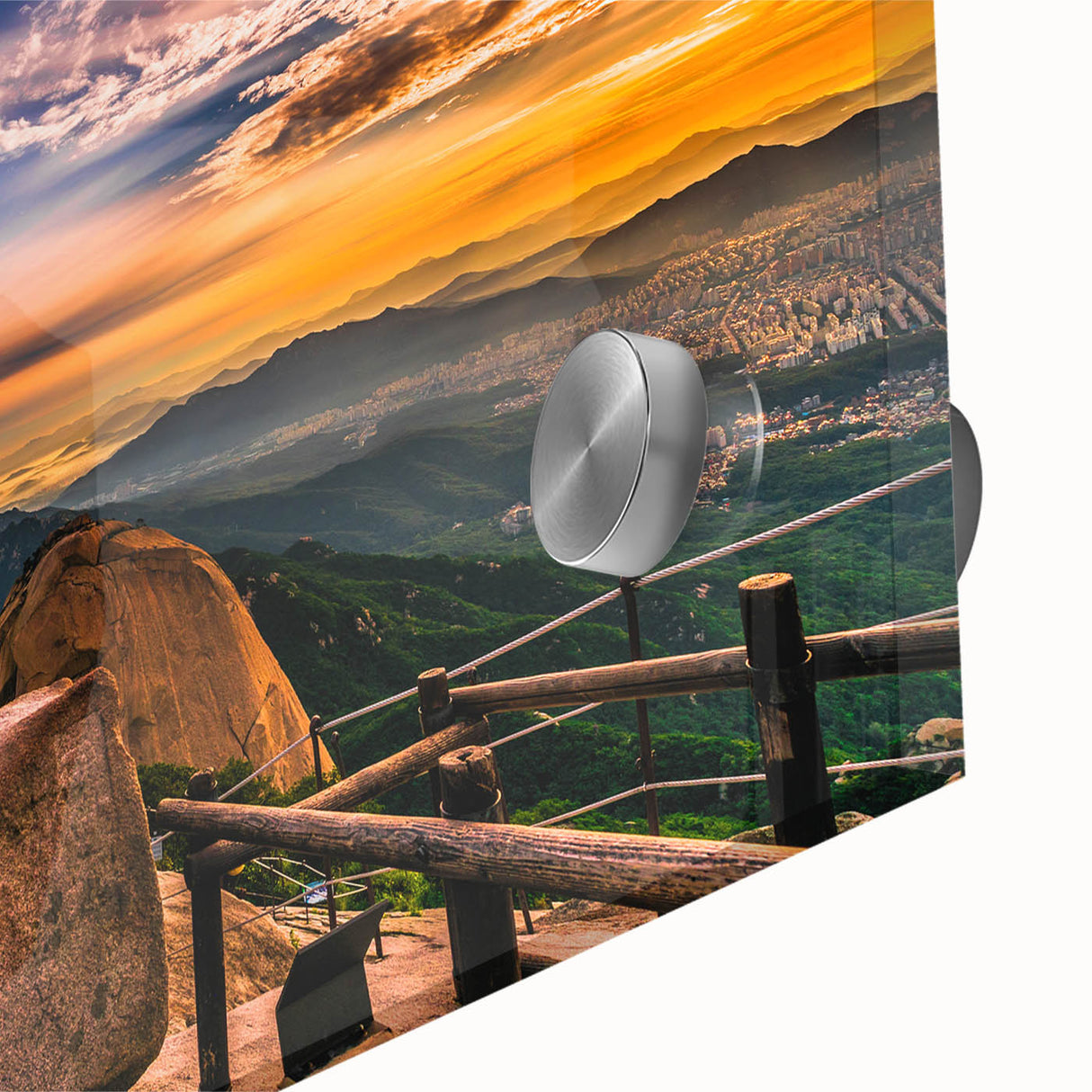 Large abstract wall art depicting a Korean landscape in muted earth tones on acrylic glass.