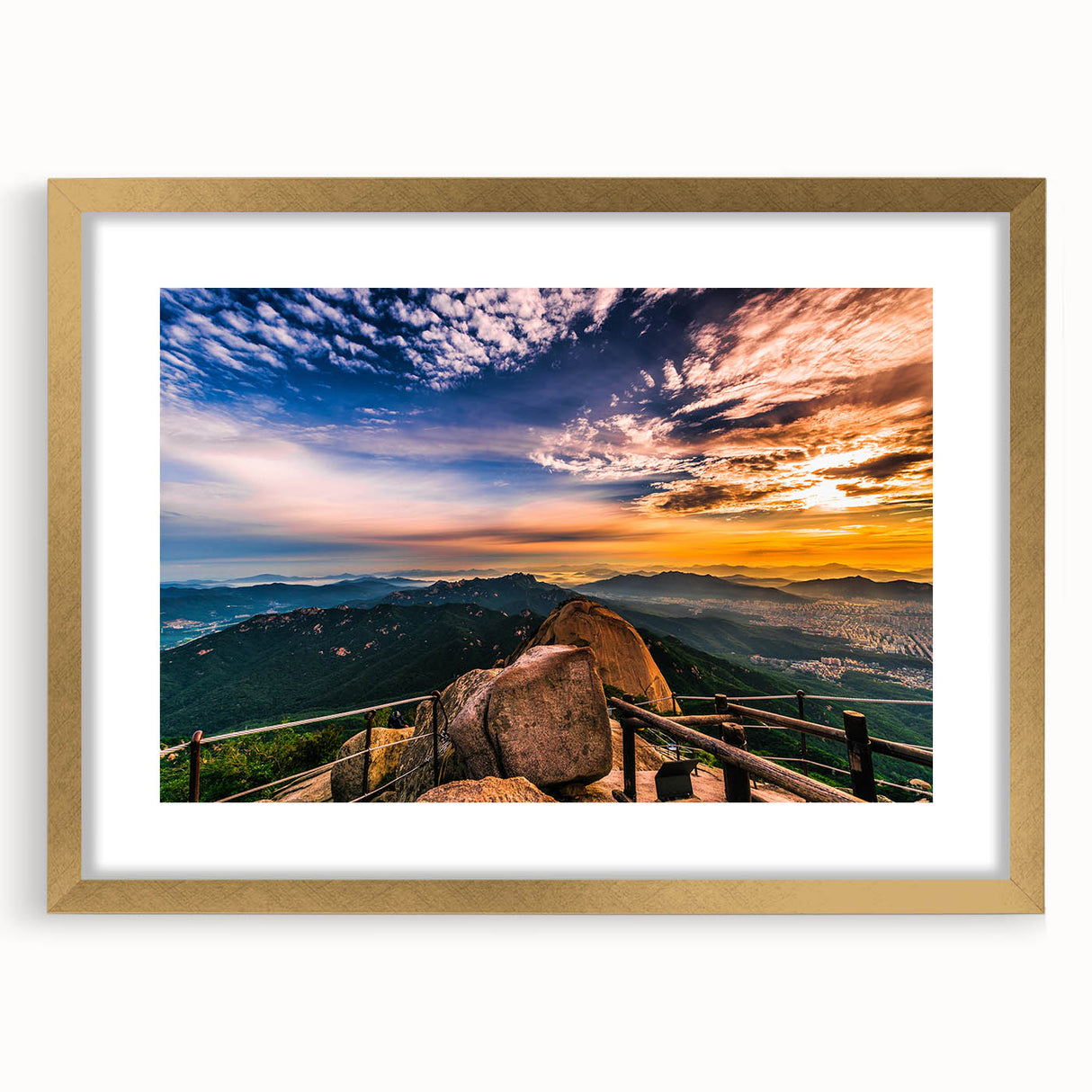 Extra large abstract art print of a Korean landscape in textured gold tones, framed, ideal for living room decor.