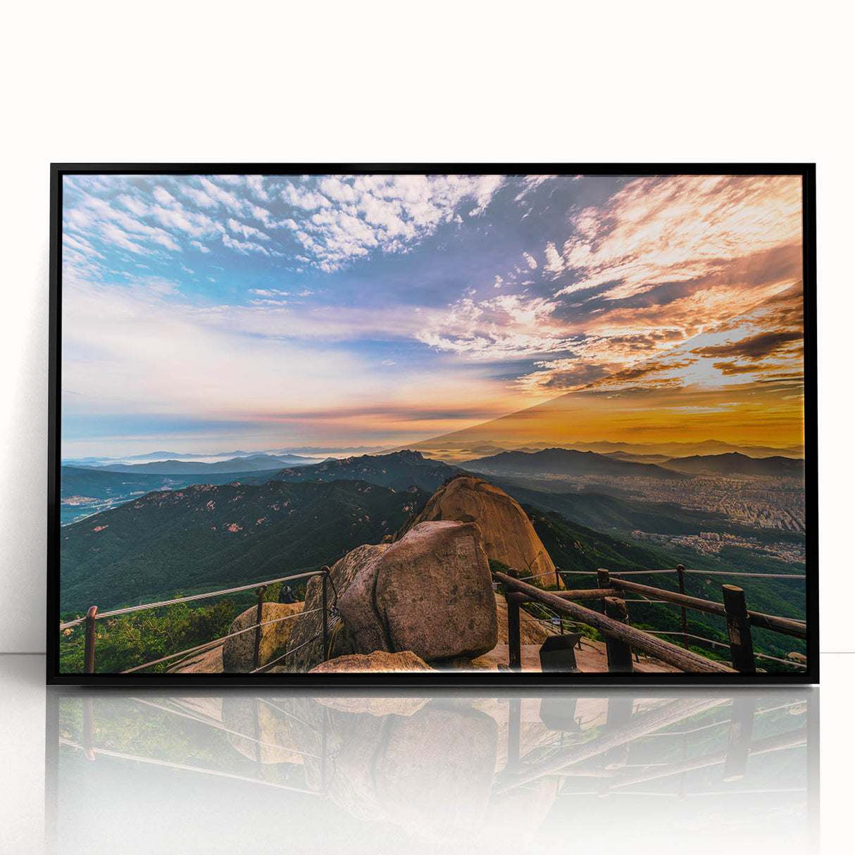 Large abstract wall art featuring a mid-century modernist design of a Korean landscape in muted earth tones on a framed…