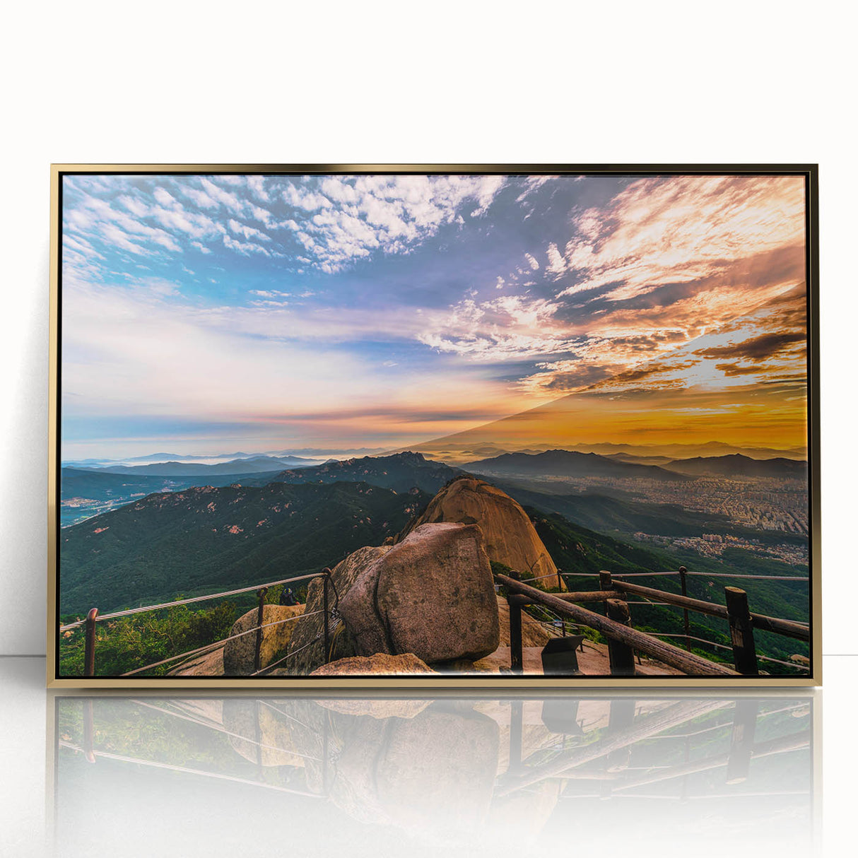 Acrylic print of a serene Korean landscape in muted earth tones, framed in gold, suitable for modern art wall decor.