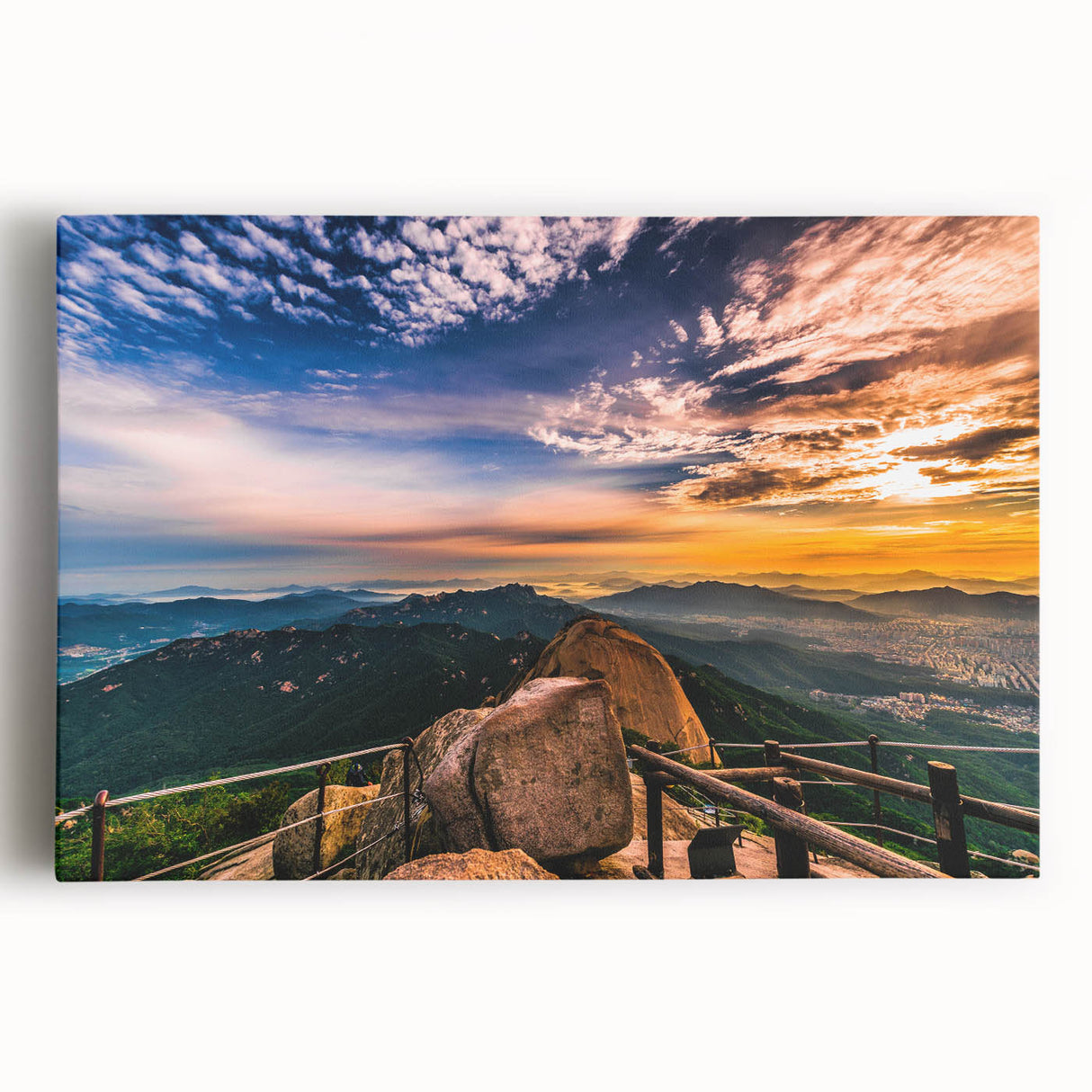 Large black and white canvas print of a Korean landscape, ideal for kitchen wall art.
