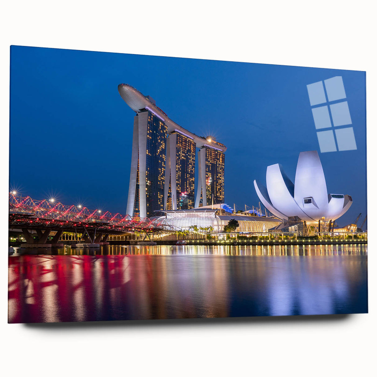 Large abstract wall art of Singapore skyline in muted gray and blue tones on acrylic glass.