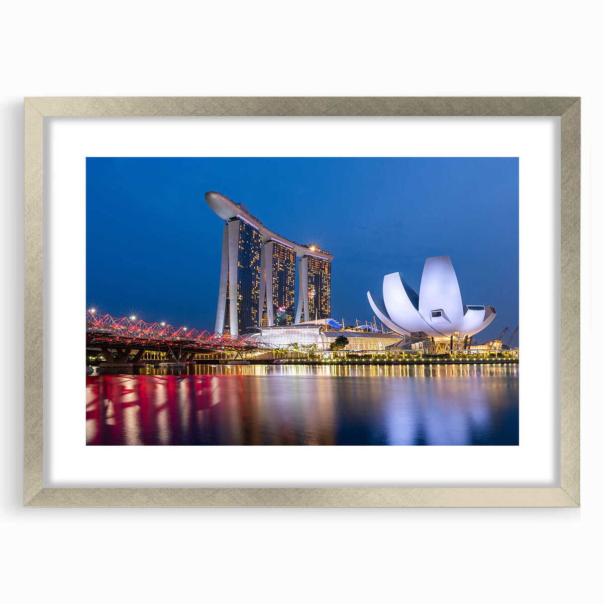 Textured art print of abstract Singapore skyline in muted gray and silver tones on a framed canvas, ideal for bedroom art.