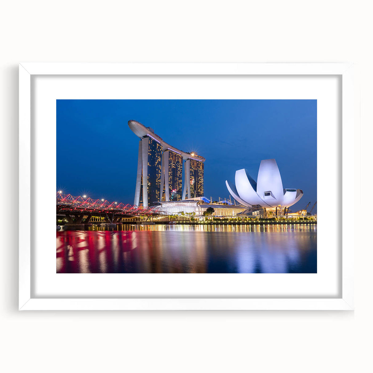 Abstract art print of Singapore skyline in muted gray and blue tones on a white framed canvas, ideal for dining room decor.