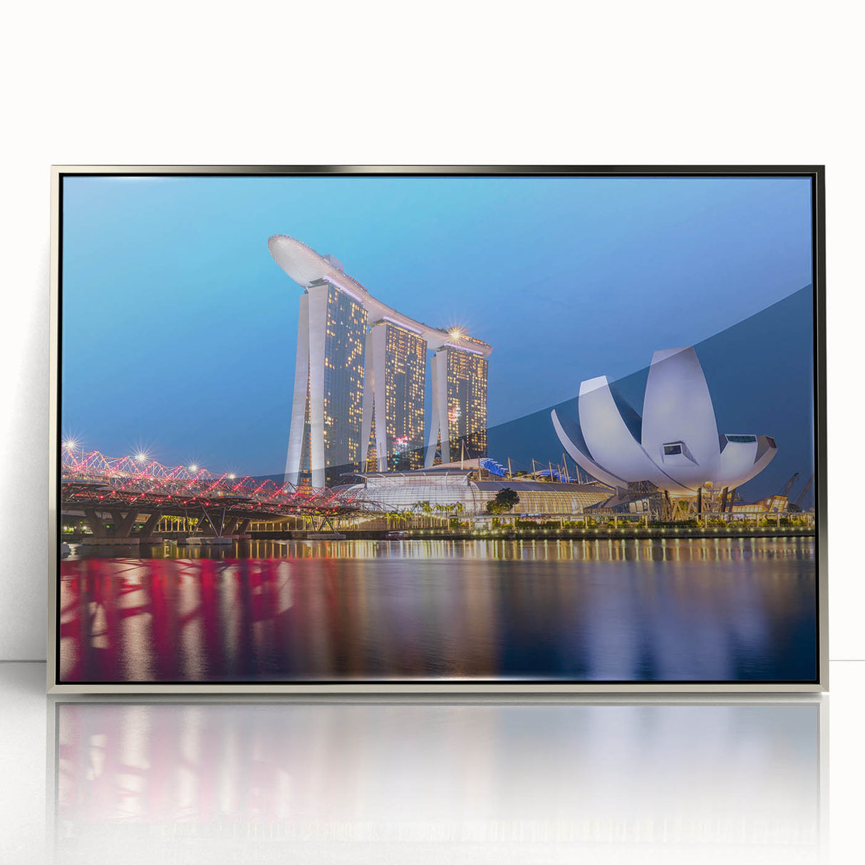 Mid-century modernist art of Singapore skyline in muted gray and blue tones on framed acrylic.