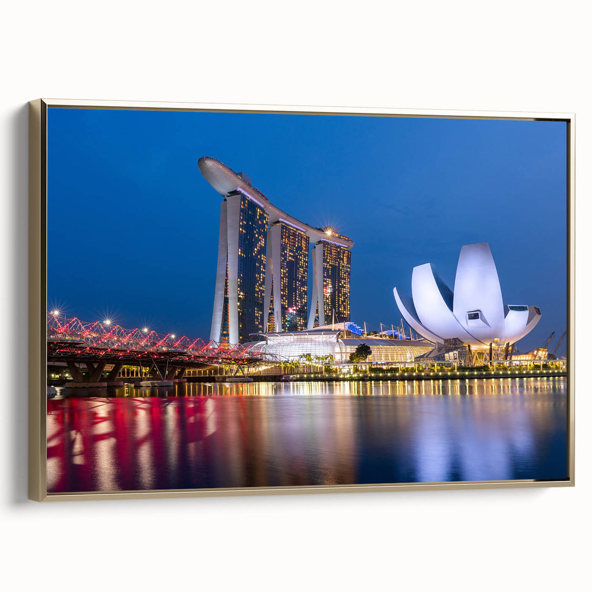 Framed canvas wall art depicting a vintage-style Singapore landscape in black and gold tones, ideal for bedroom decor.