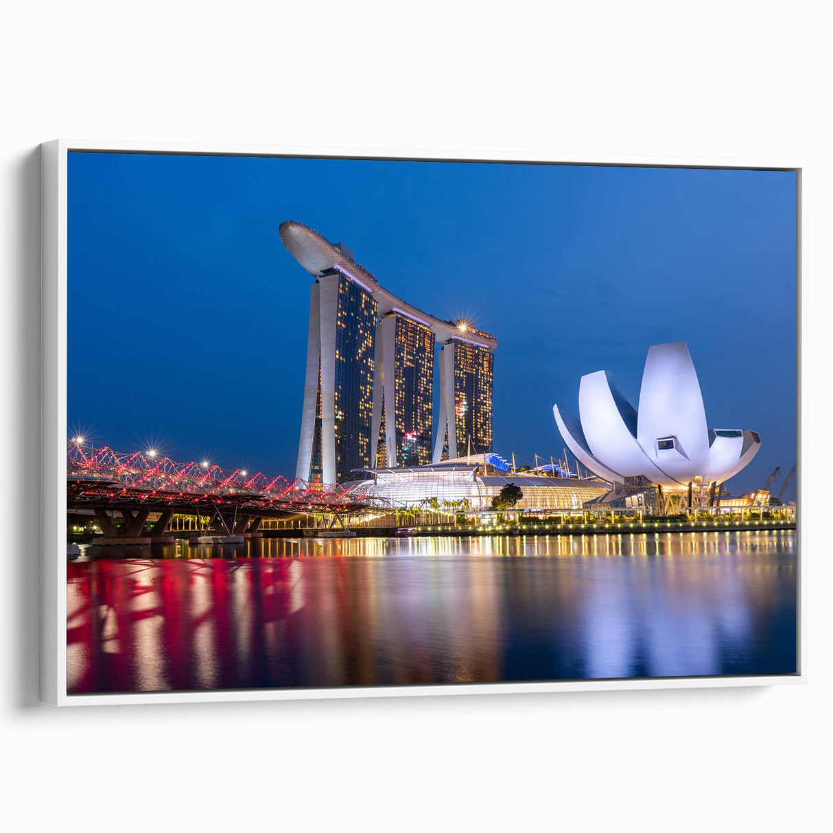 Vintage poster art of Singapore skyline in vibrant colors on a black background, framed canvas, ideal for living room decor.