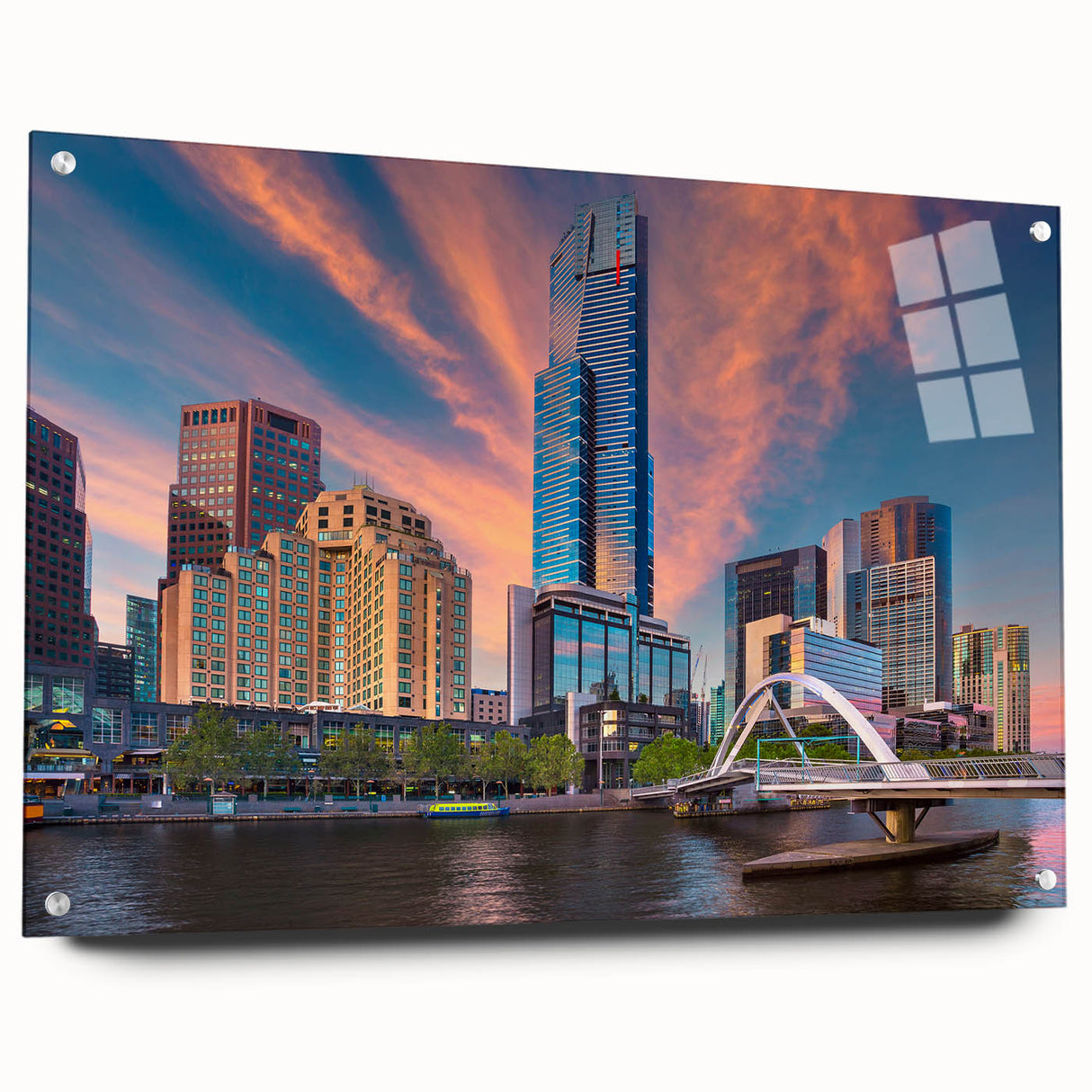Acrylic glass print of Melbourne skyline in muted blue and gray, ideal for dining room art.