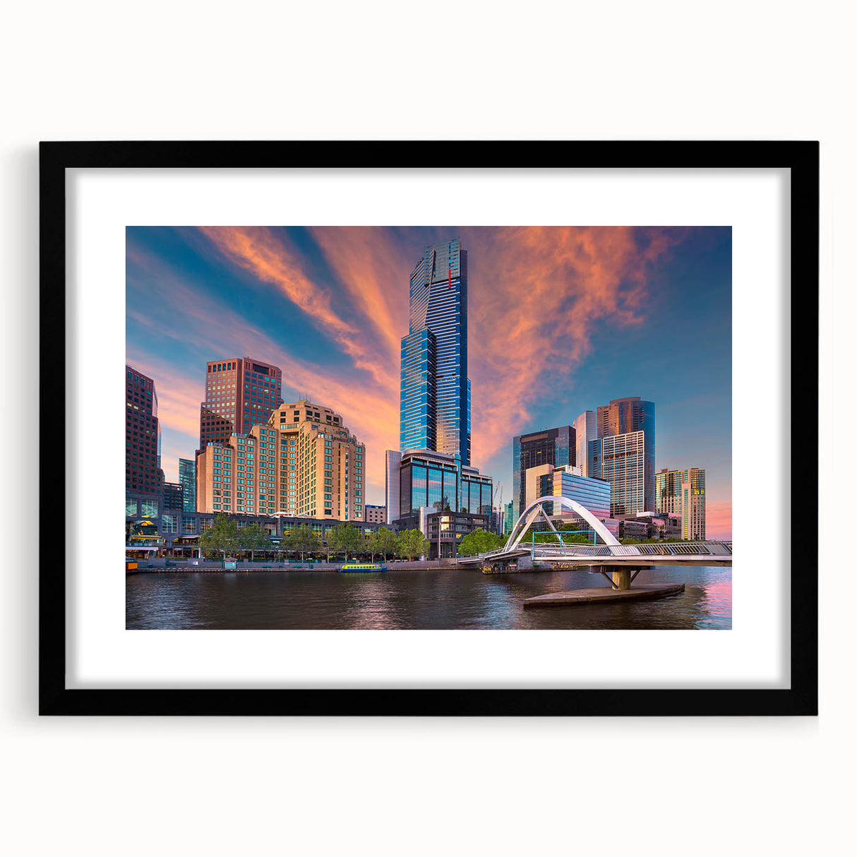 Abstract art print of Melbourne scenery in vibrant colors on a large textured canvas, ideal for living room decor.
