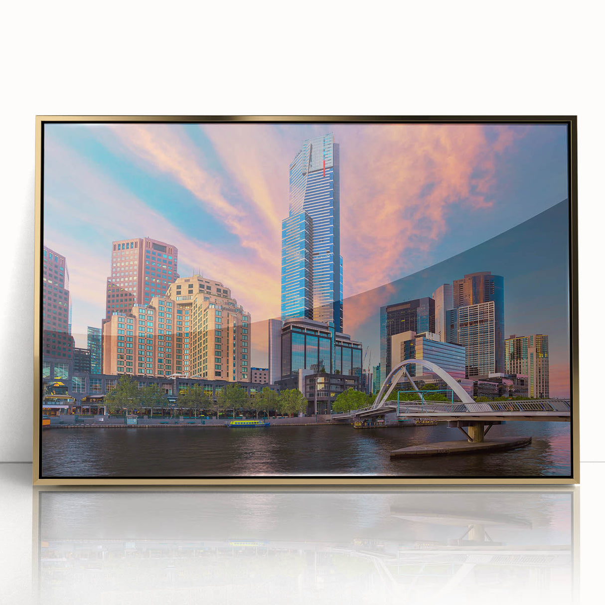 Mid-century modernist art of Melbourne skyline in gold and blue tones on framed acrylic, ideal for nursery wall decor.