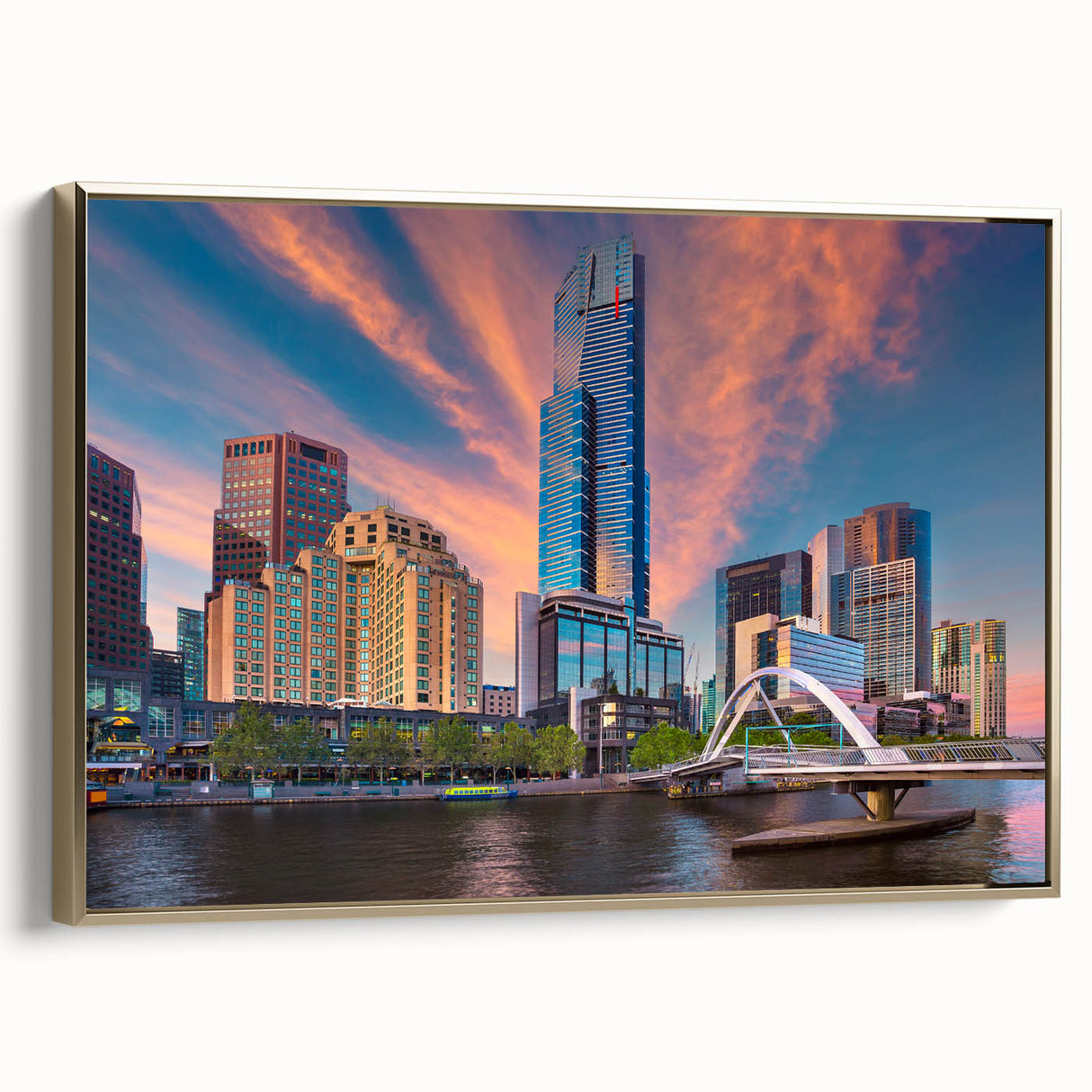 Landscape art painting of Melbourne skyline on framed canvas, featuring black and colorful vintage poster art style.