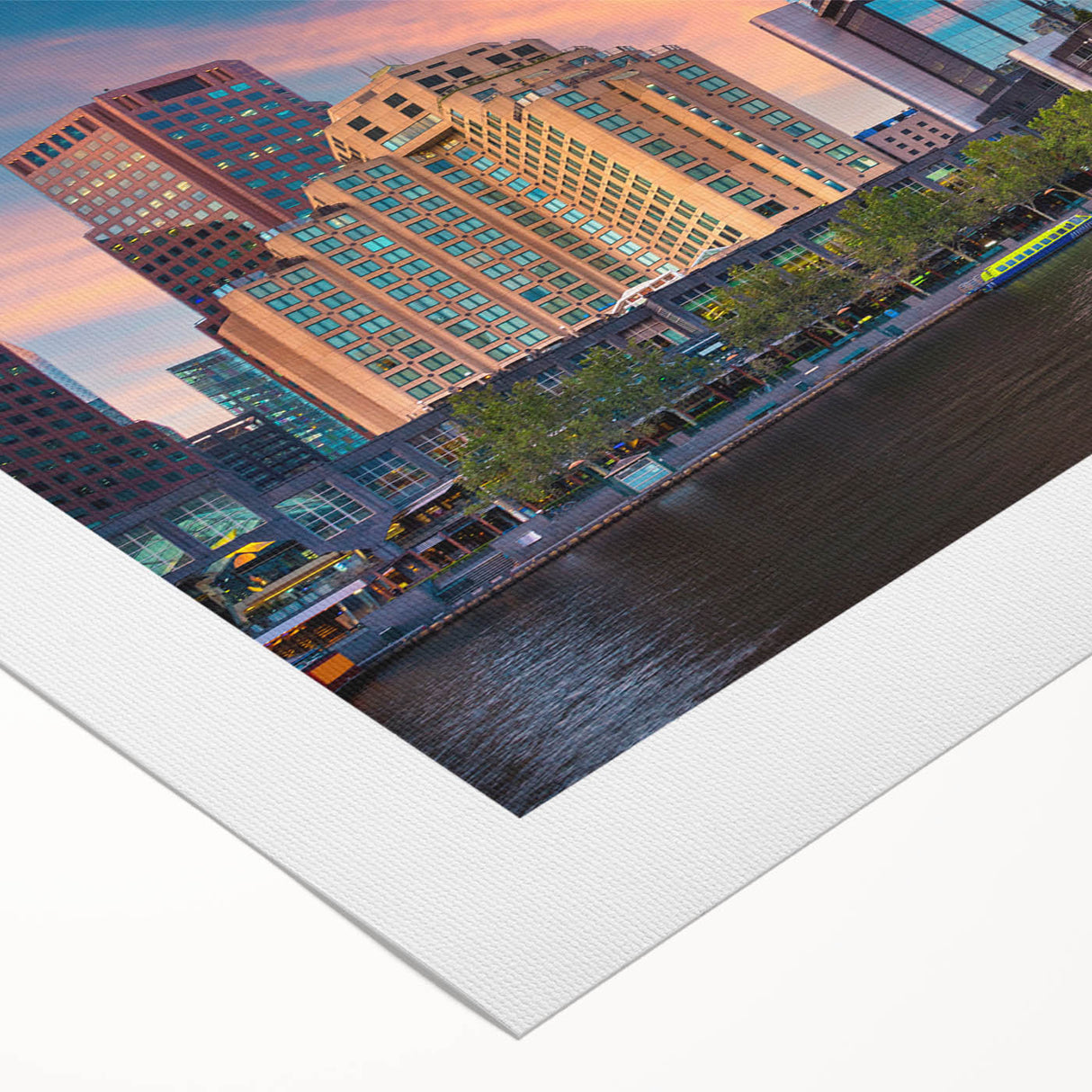 Art deco poster of Melbourne skyline in muted gold and navy tones on rolled canvas, suited for dining room wall art.