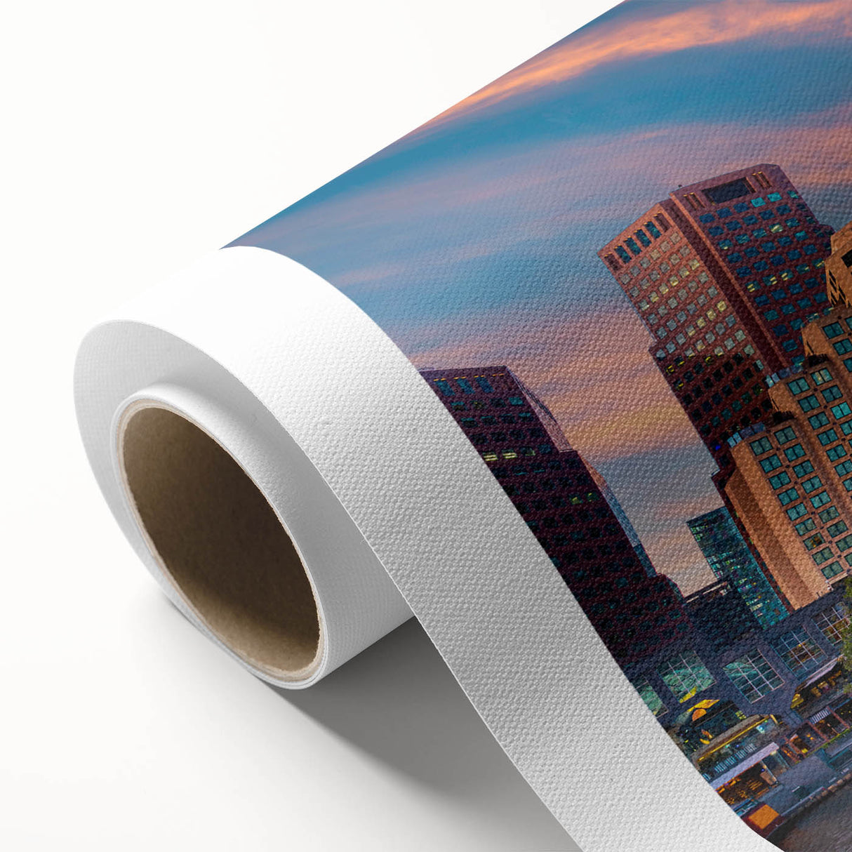 Art deco poster of Melbourne skyline in muted gold and blue tones on rolled canvas, ideal for nursery wall art.