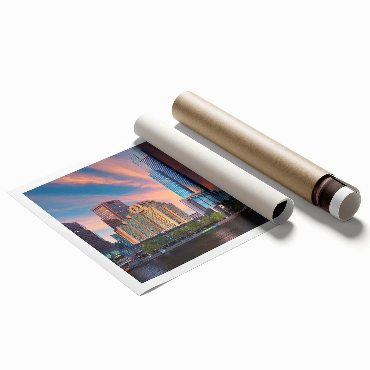 Rolled print of Melbourne scenery in soft pastel hues, ideal for classy bathroom wall art.