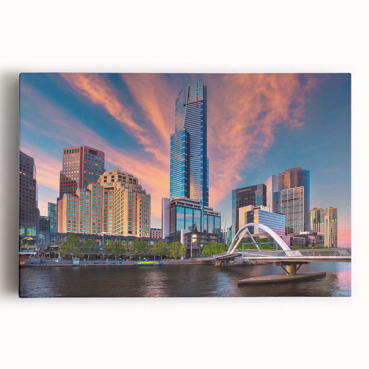 Black and white large art print of Melbourne skyline on stretched canvas, ideal for kitchen wall art.