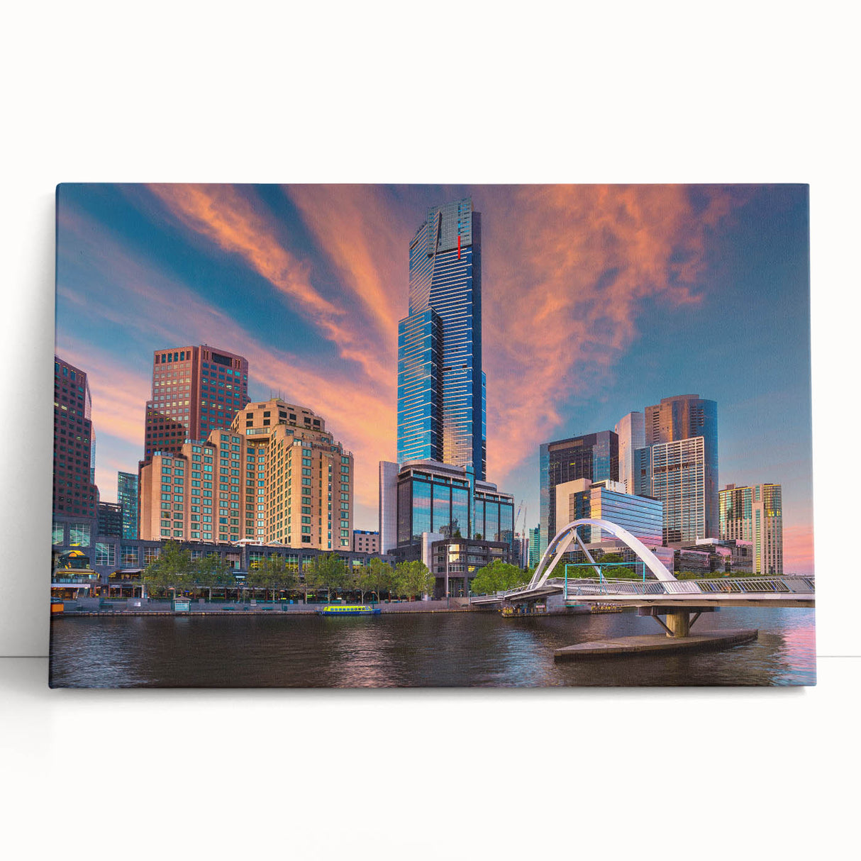 Black and white photo of Melbourne skyline on stretched canvas, ideal for kitchen wall art or bedroom ambiance.
