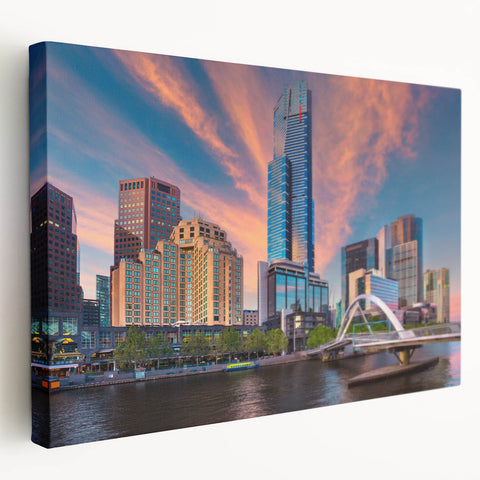 Melbourne skyline depicted in vibrant twilight hues on a large stretched canvas, ideal for kitchen wall art.
